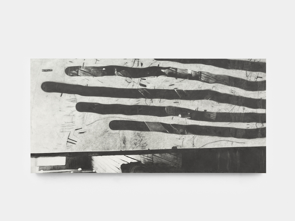 <i>Outline of A Bedside Table</i>, 2023. Graphite on paper laminated on wood panel, 48 x 98 3/8 x 2 3/8 in (122 x 250 x 6 cm)